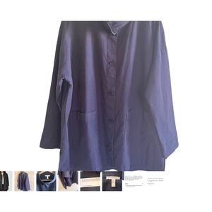 Eileen Fisher stand collar cotton hemp navy jacket L/G
